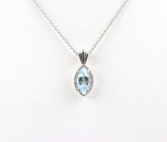 14K MARQUISE AQUAMARINE DIAMOND HALO NECKLACE