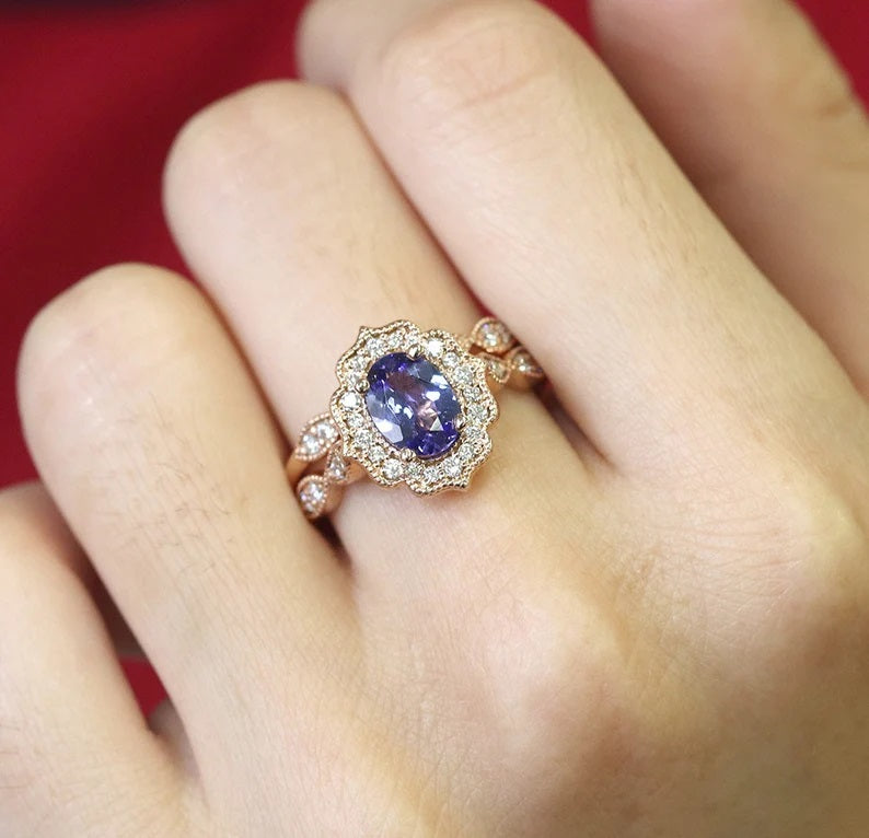 14K TANZANITE DIAMOND FLORAL ENGAGEMENT RING