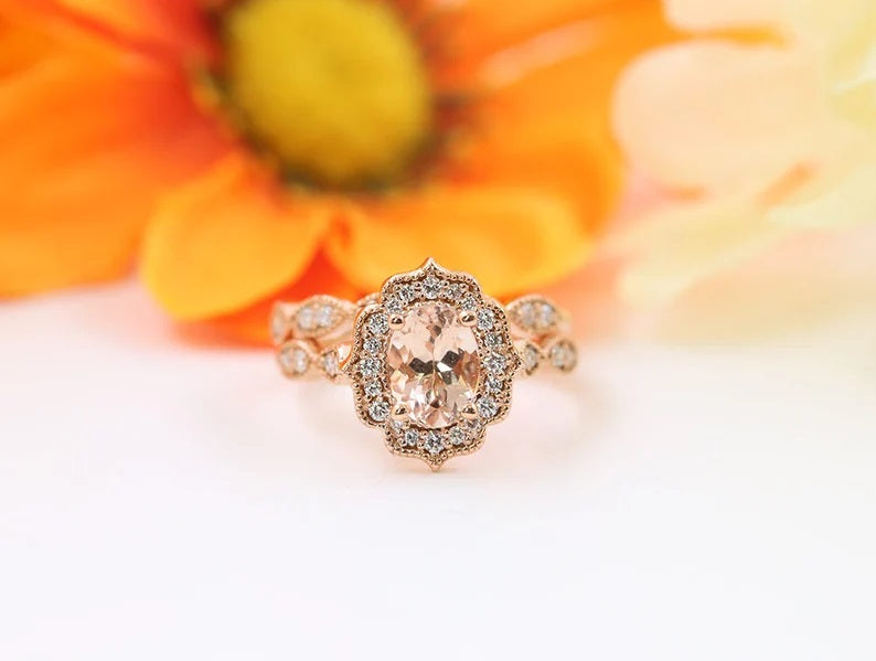 14K MORGANITE DIAMOND FLORAL BRIDAL SET