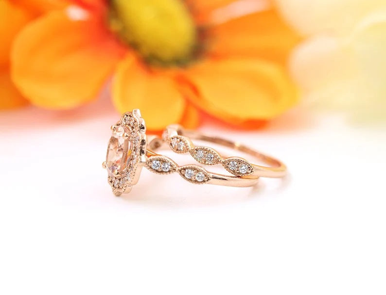 14K MORGANITE DIAMOND FLORAL BRIDAL SET