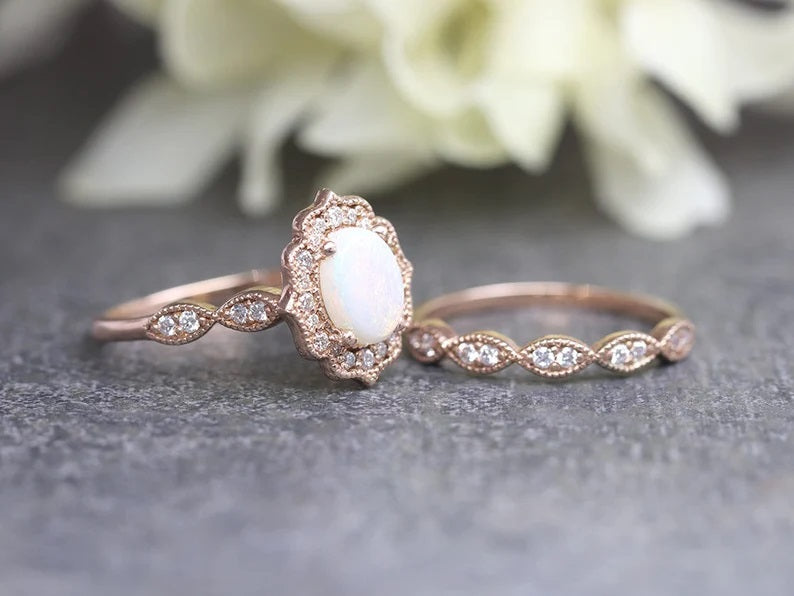 14K OPAL DIAMOND FLORAL ENGAGEMENT RING