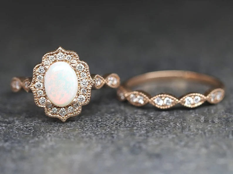 14K OPAL DIAMOND FLORAL BRIDAL SET