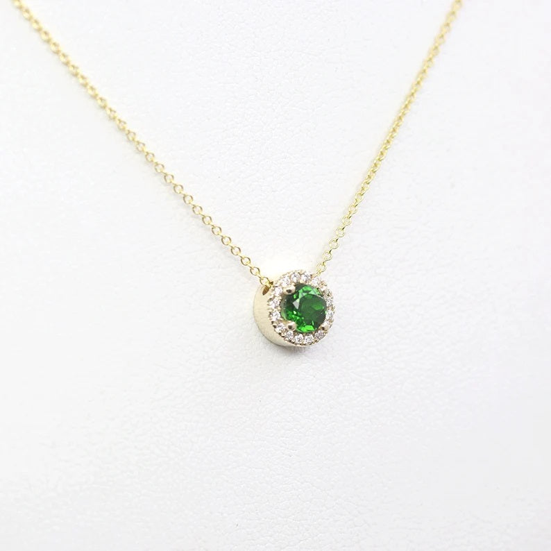 14K LAB EMERALD DIAMOND HALO NECKLACE