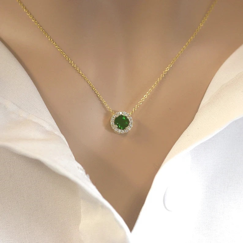 14K LAB EMERALD DIAMOND HALO NECKLACE