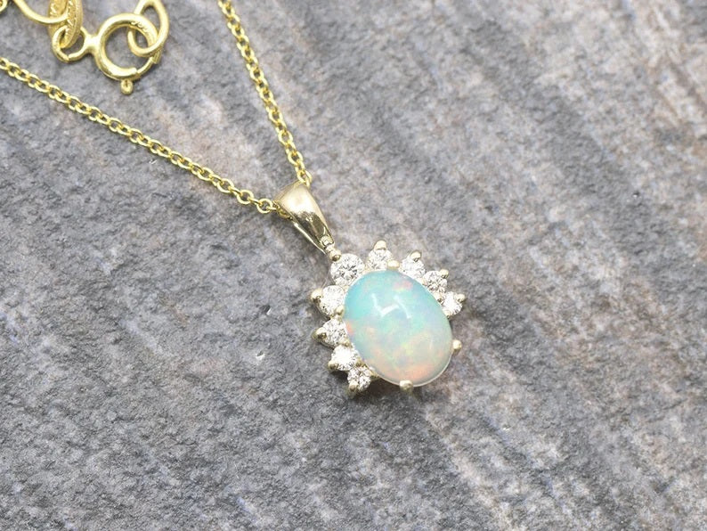 14K OVAL OPAL DIAMOND CROWN NECKLACE