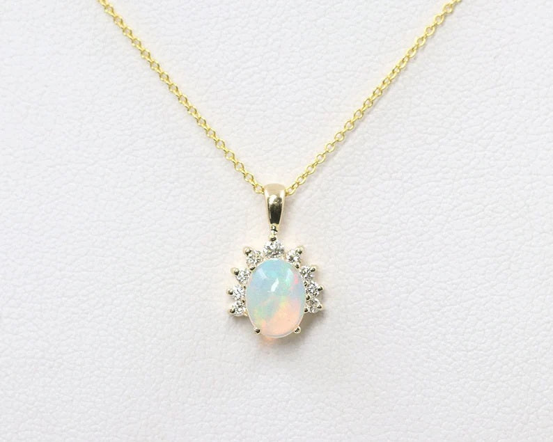 14K OVAL OPAL DIAMOND CROWN NECKLACE