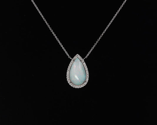 14K WHITE GOLD PEAR OPAL DIAMOND HALO NECKLACE