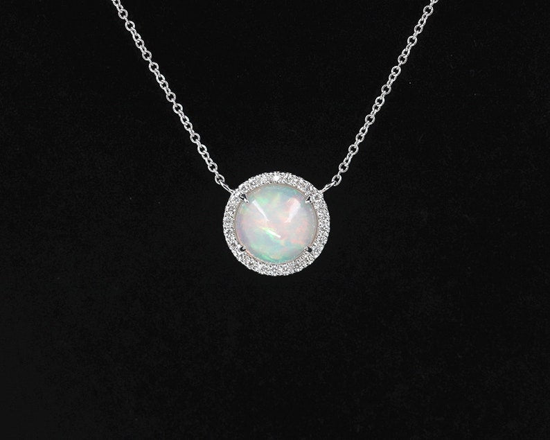 14K WHITE GOLD OPAL DIAMOND HALO NECKLACE