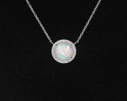 14K WHITE GOLD OPAL DIAMOND HALO NECKLACE