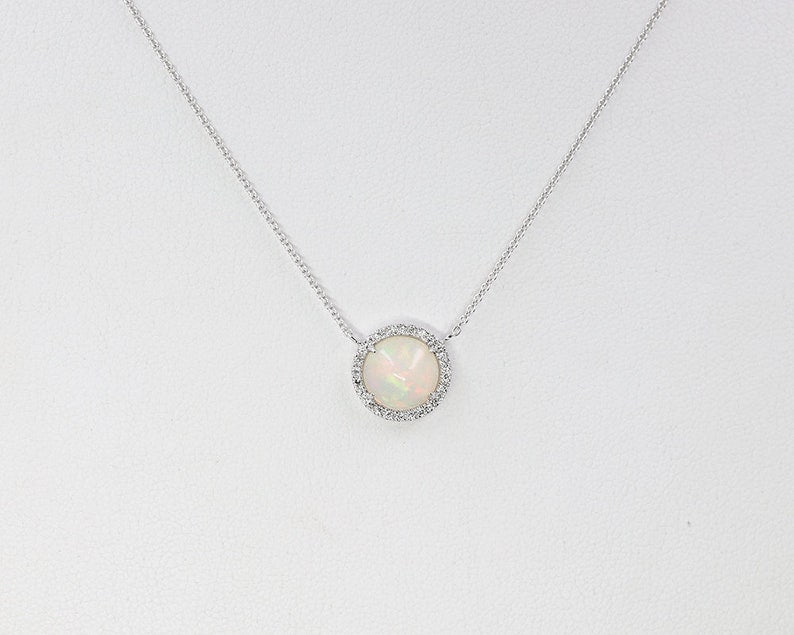 14K WHITE GOLD OPAL DIAMOND HALO NECKLACE