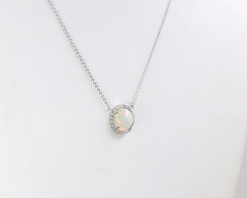 14K WHITE GOLD OPAL DIAMOND HALO NECKLACE