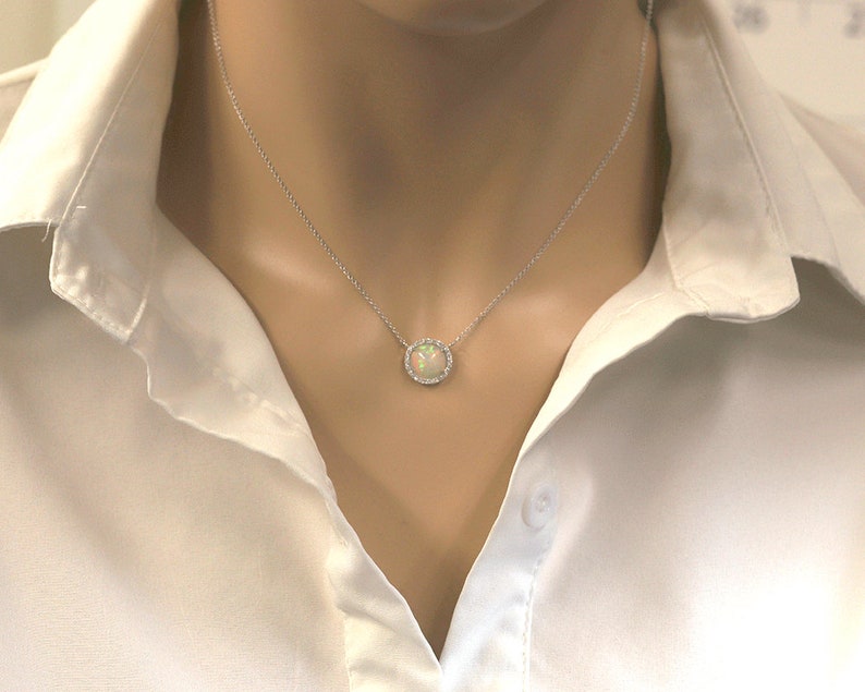 14K WHITE GOLD OPAL DIAMOND HALO NECKLACE