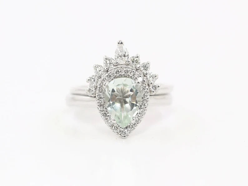 14K PEAR GREEN AMETHYST DIAMOND HALO RING