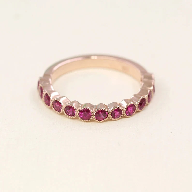 14K RUBY BEZEL MILGRAIN BAND