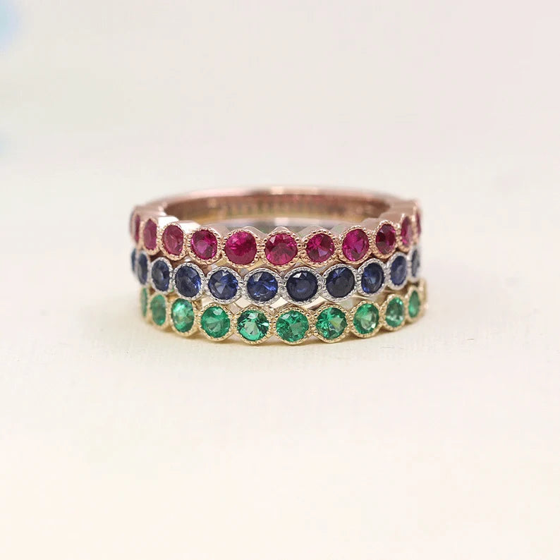 14K EMERALD SAPPHIRE RUBY 3 BAND SET