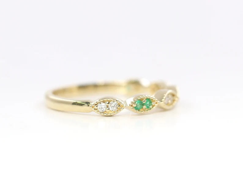 14K EMERALD DIAMOND ART DECO BAND