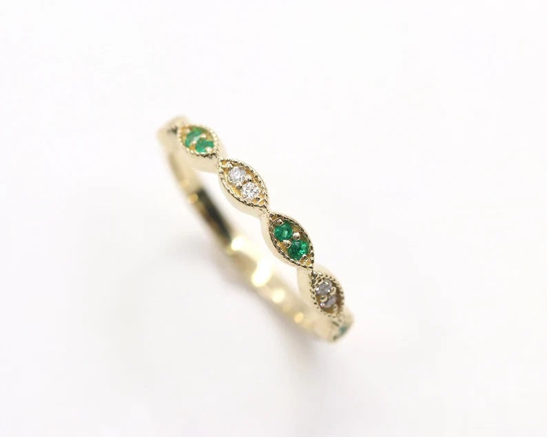 14K EMERALD DIAMOND ART DECO BAND