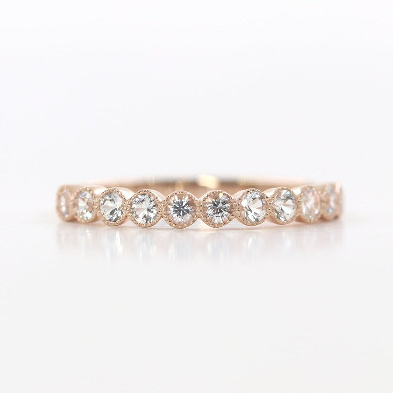 14K WHITE SAPPHIRE BEZEL MILGRAIN HALF ETERNITY BAND