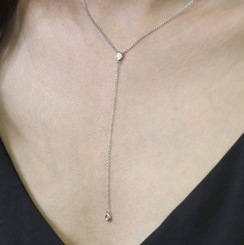 14K 2 DIAMOND BEZEL LARIAT NECKLACE