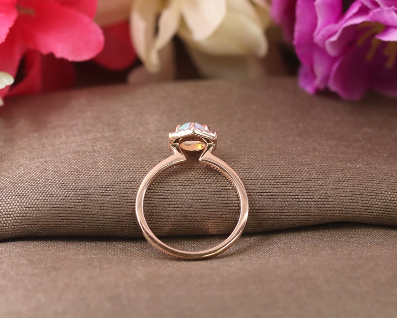 14K OPAL DIAMOND HALO HEXAGON SOLITAIRE RING