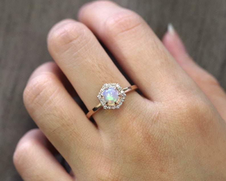 14K OPAL DIAMOND HALO HEXAGON SOLITAIRE RING