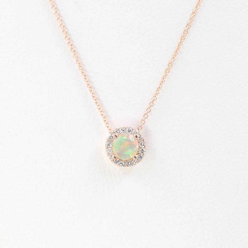 14K OPAL DIAMOND HALO NECKLACE