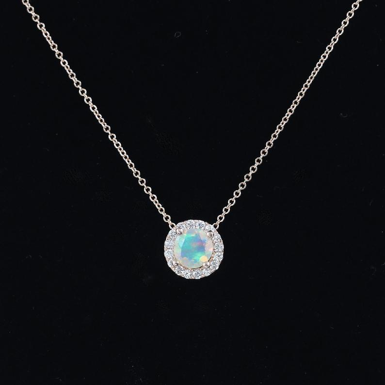 14K OPAL DIAMOND HALO NECKLACE