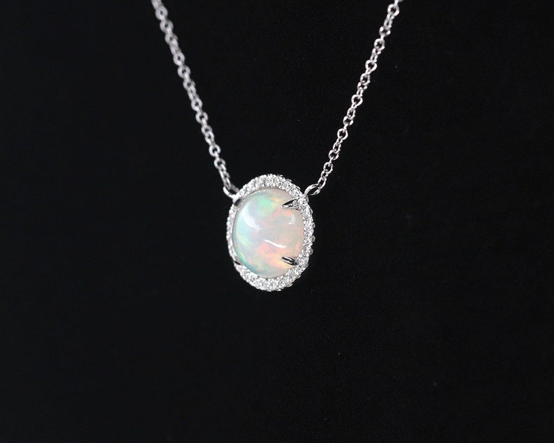 14K WHITE GOLD OPAL DIAMOND HALO NECKLACE