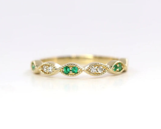 14K EMERALD DIAMOND ART DECO BAND