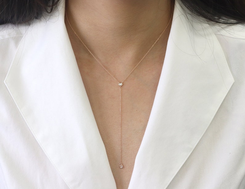 14K 2 DIAMOND BEZEL LARIAT NECKLACE