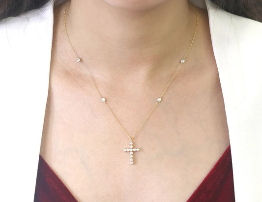 14K DIAMOND CROSS BY THE YARD NECKLACE