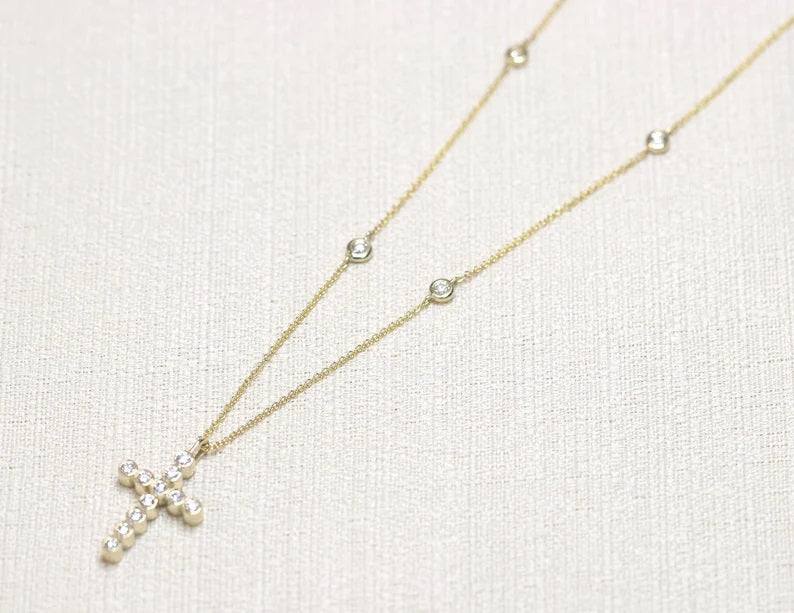 14K DIAMOND CROSS BY THE YARD NECKLACE