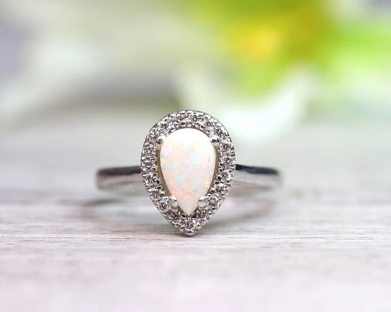 14K PEAR OPAL DIAMOND HALO RING