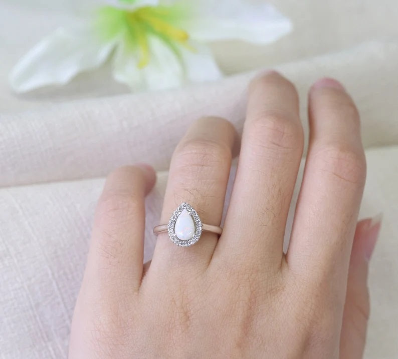 14K PEAR OPAL DIAMOND HALO RING