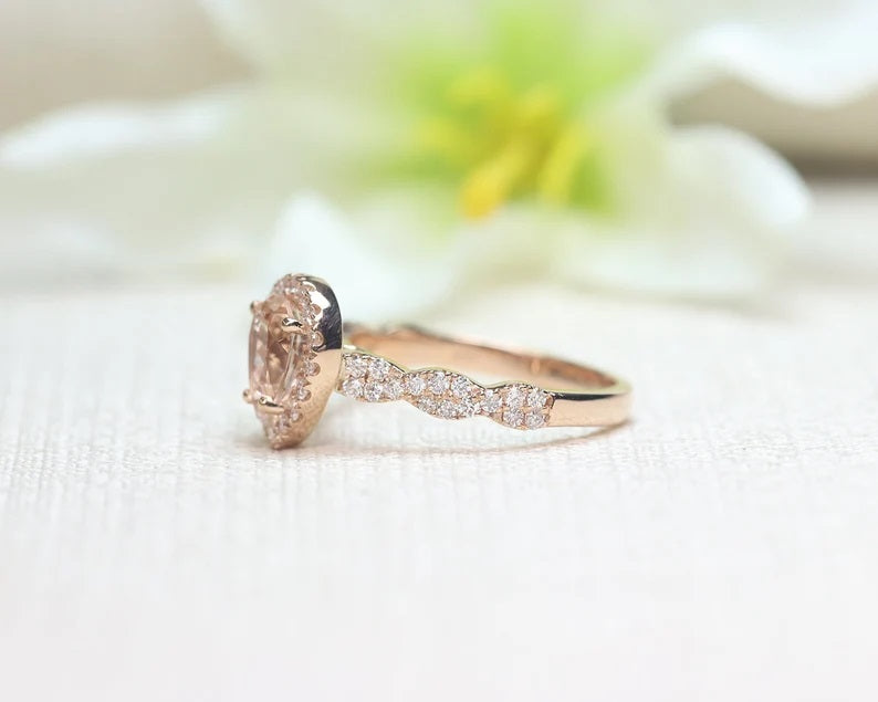 14K PEAR MORGANITE DIAMOND HALO TWIST RING