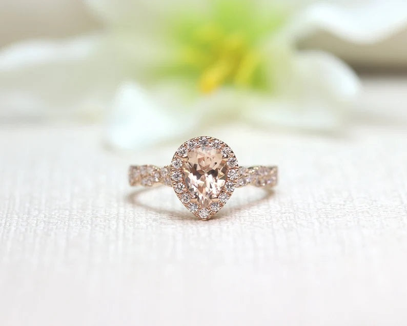 14K PEAR MORGANITE DIAMOND HALO TWIST RING