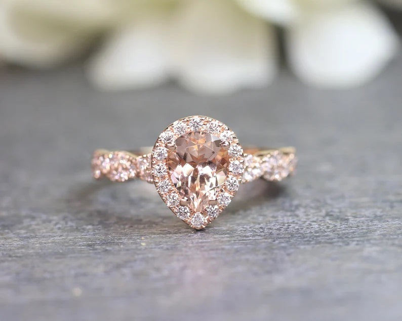 14K PEAR MORGANITE DIAMOND HALO TWIST RING