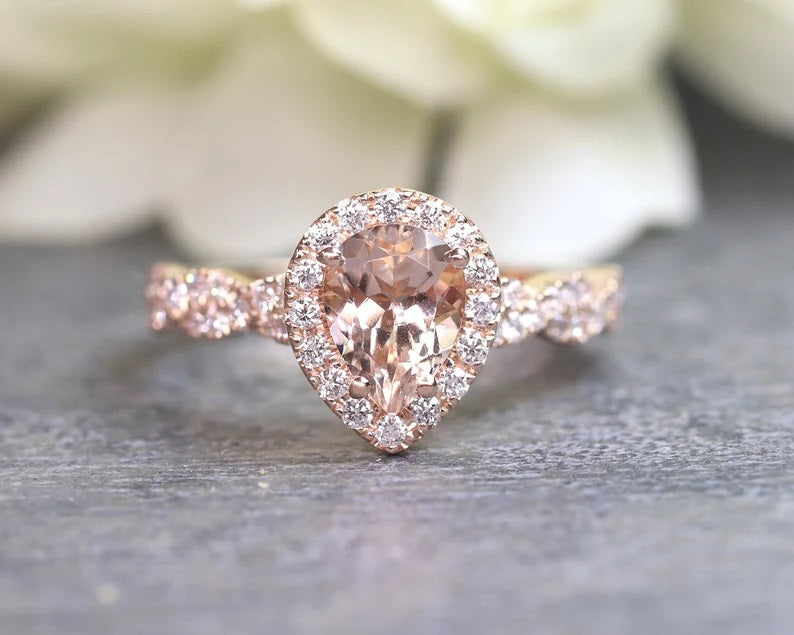 14K PEAR MORGANITE DIAMOND HALO TWIST RING