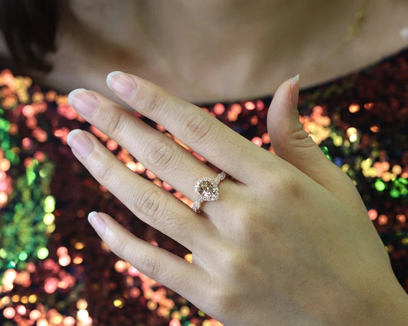 14K PEAR MORGANITE DIAMOND HALO TWIST RING