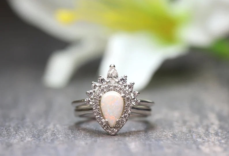 14K PEAR OPAL DIAMOND HALO RING