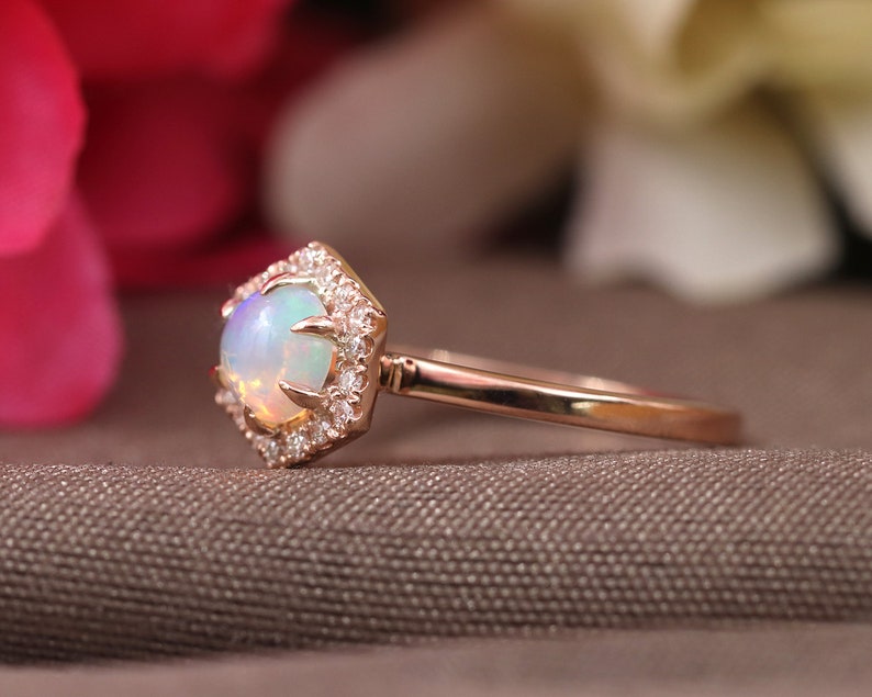 14K OPAL DIAMOND HALO HEXAGON SOLITAIRE RING