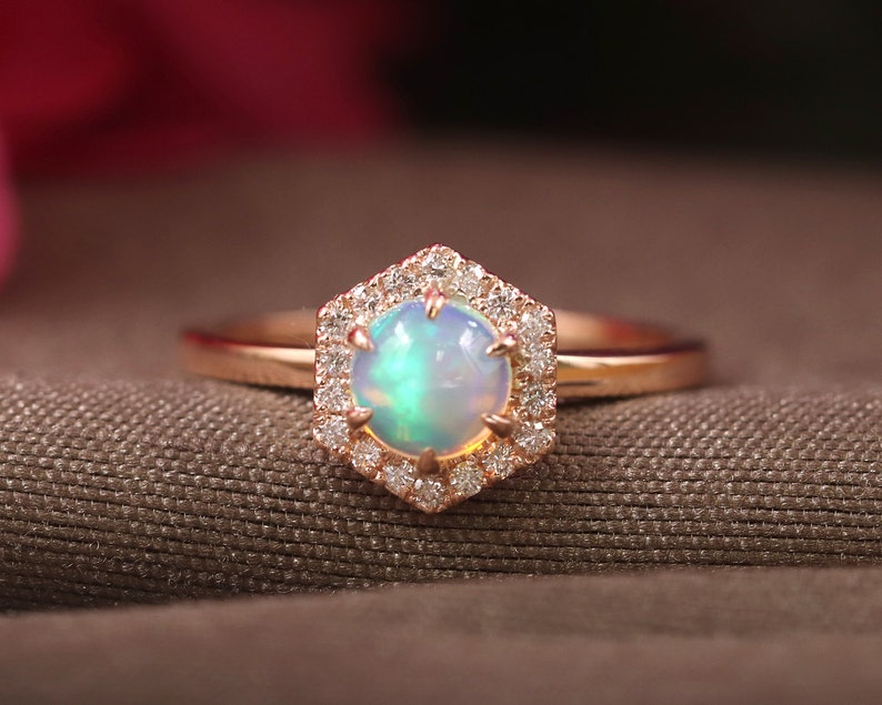 14K OPAL DIAMOND HALO HEXAGON SOLITAIRE RING