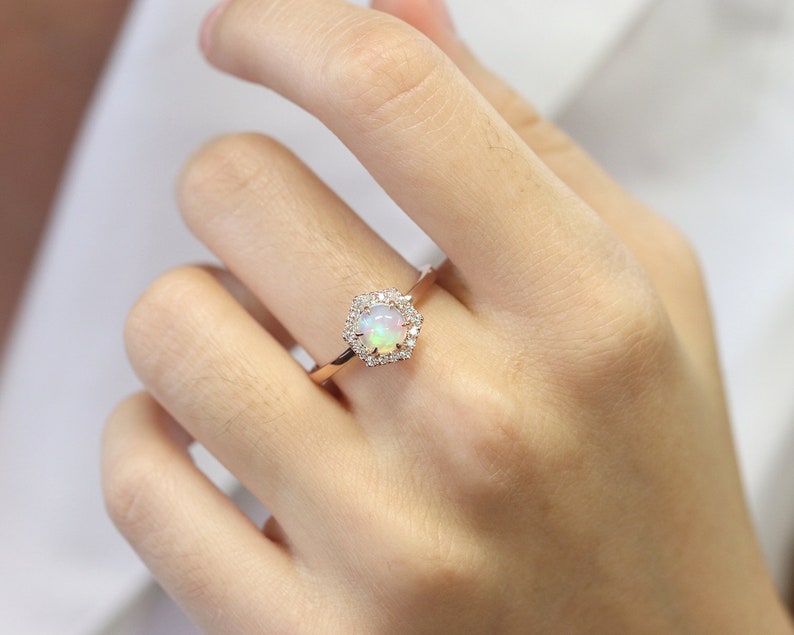 14K OPAL DIAMOND HALO HEXAGON SOLITAIRE RING