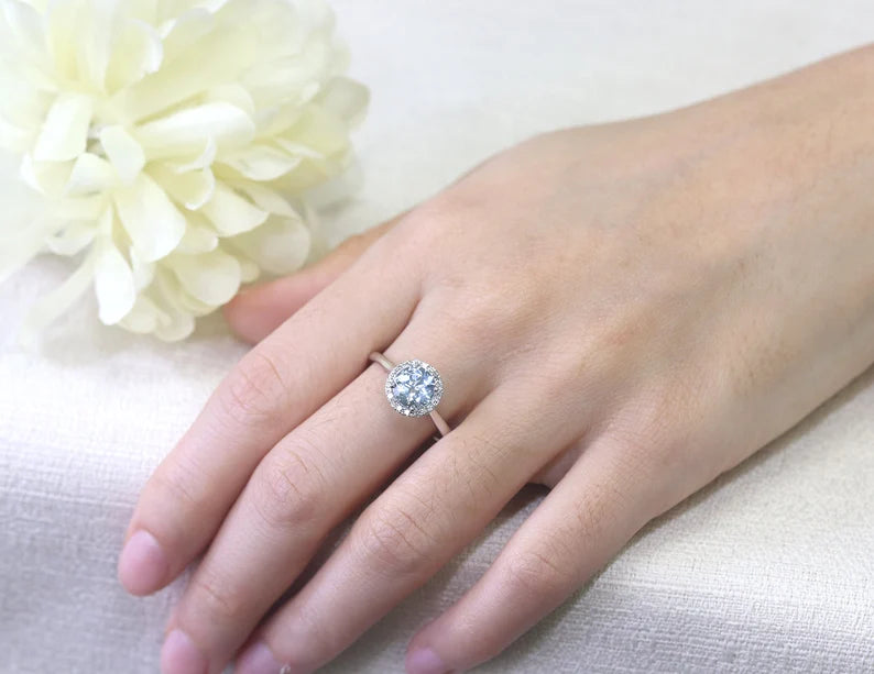 14K AQUAMARINE DIAMOND HALO SOLITAIRE RING