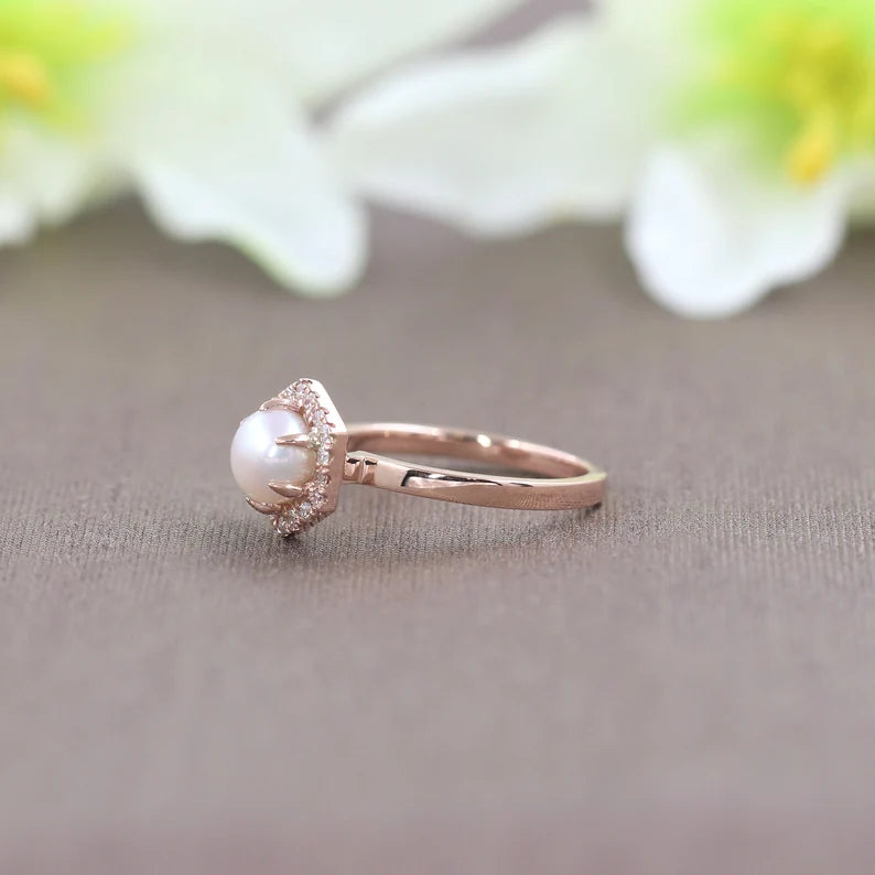 14K PEARL DIAMOND HALO HEXAGON RING