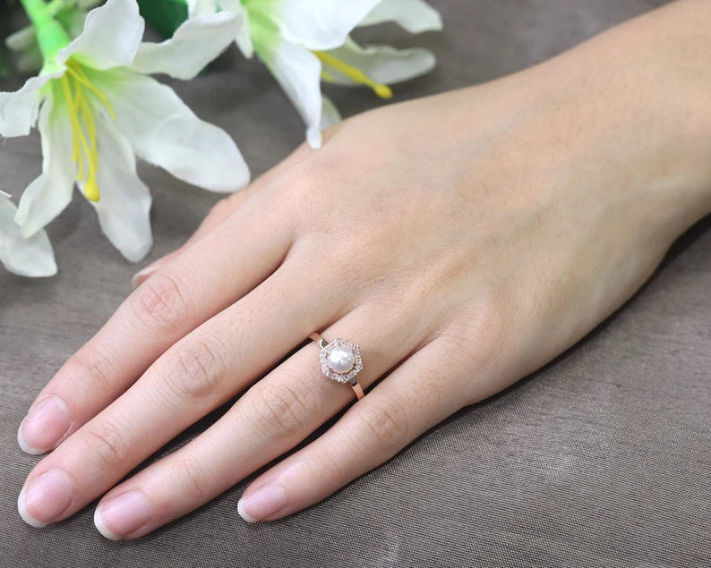 14K PEARL DIAMOND HALO HEXAGON RING