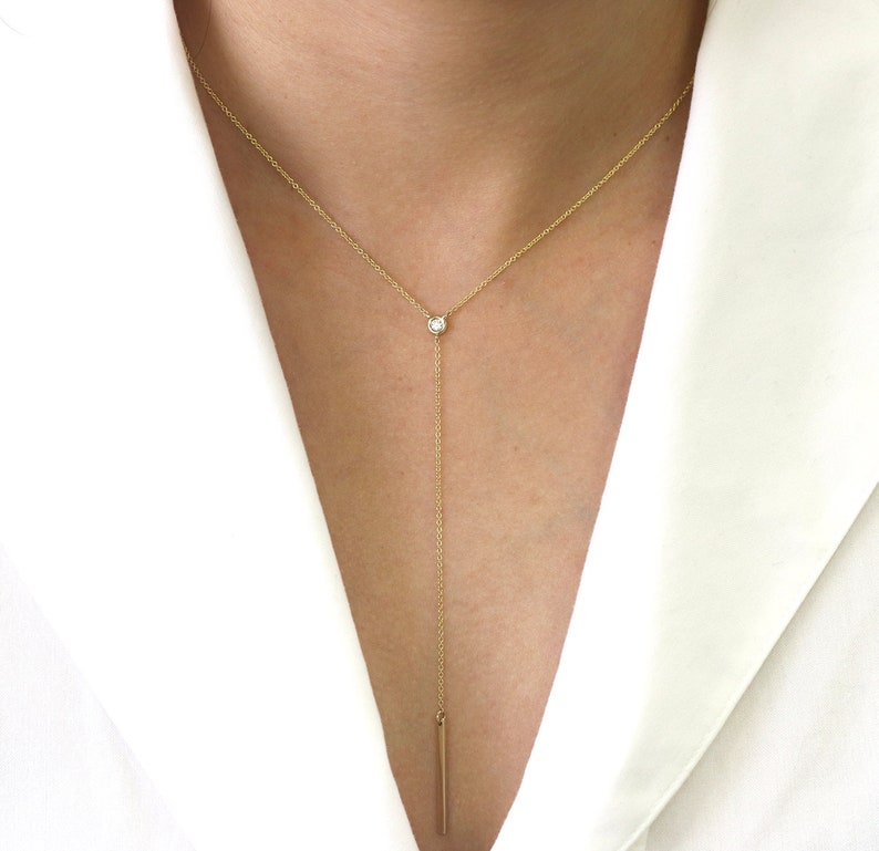 14K DIAMOND BEZEL PLAIN BAR LARIAT NECKLACE