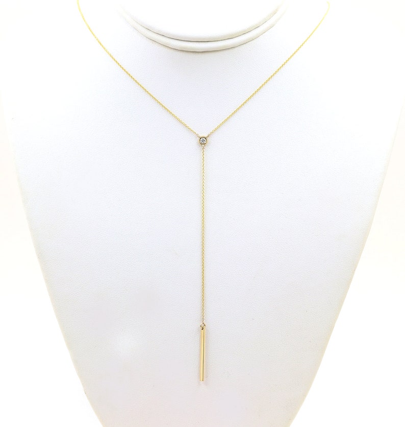 14K DIAMOND BEZEL PLAIN BAR LARIAT NECKLACE