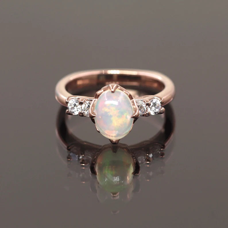 14K OVAL OPAL DIAMOND SQUARE BOTTOM RING