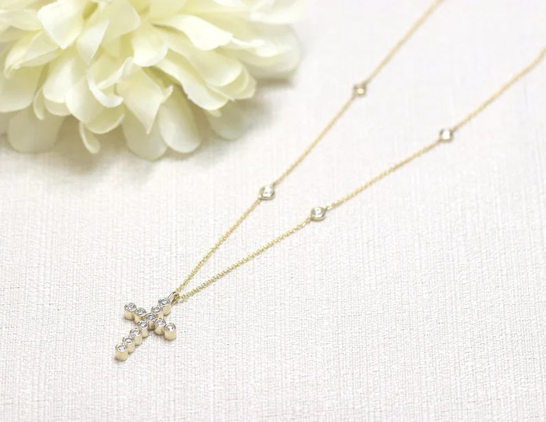 14K DIAMOND CROSS BY THE YARD NECKLACE